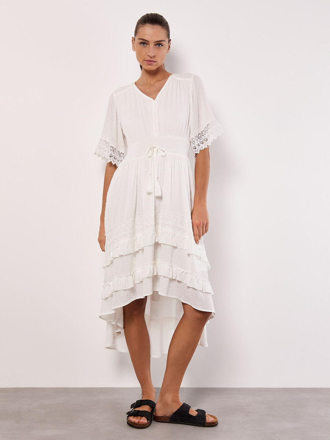Image of Dobby Ruffle Tiered Midi Dress