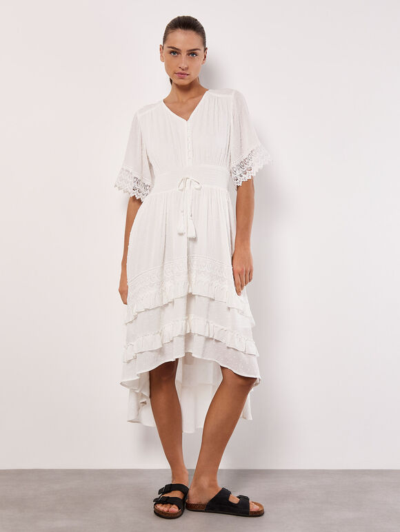 Dobby Ruffle Tiered Mini Dress, Cream, large