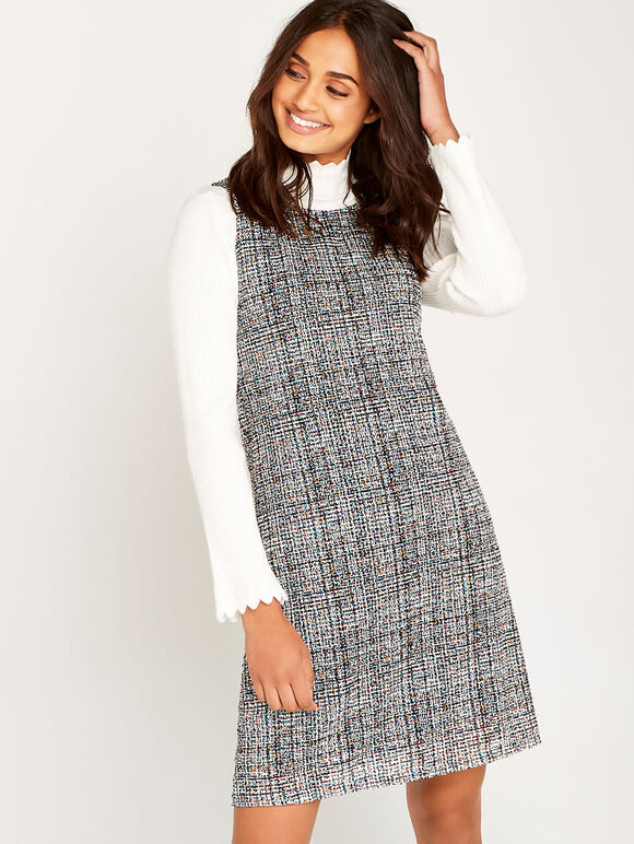 White Multicolour Shift Dress, White, large