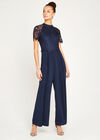 Mock Neck Lace Top Jumpsuit, Navy, large