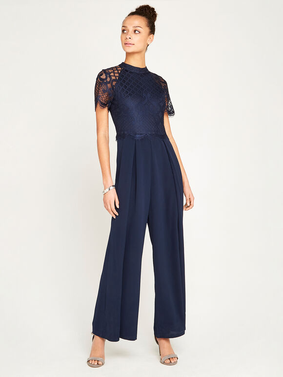 Mock Neck Lace Top Jumpsuit, Navy, large