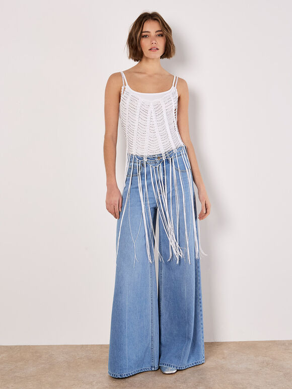 Silver Beaded Fringe Top, White, large