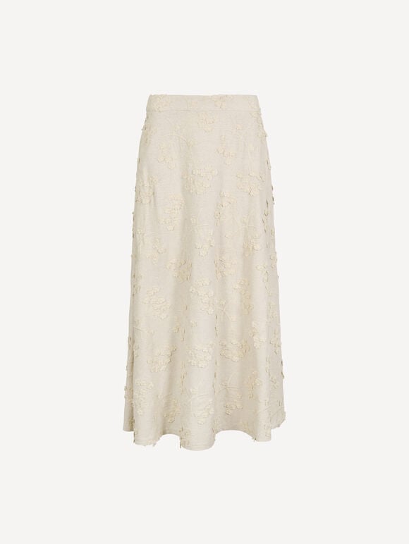 Embroidered Floral Linen Blend Midaxi Skirt, Stone, large