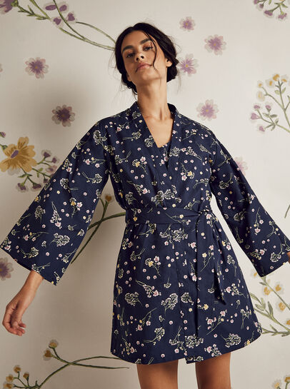 Botanical Print Tie Waist Kimono