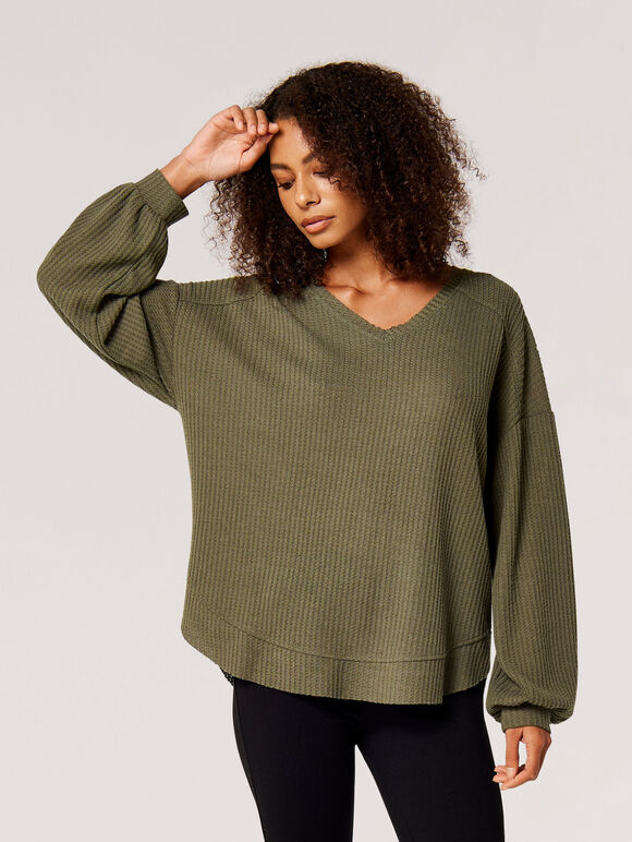 Oversized Waffle Knit Top, Khaki, large