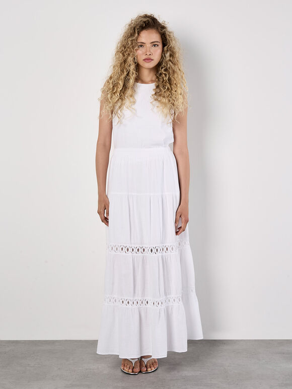 Tiered Crochet Insert Maxi Skirt, White, large