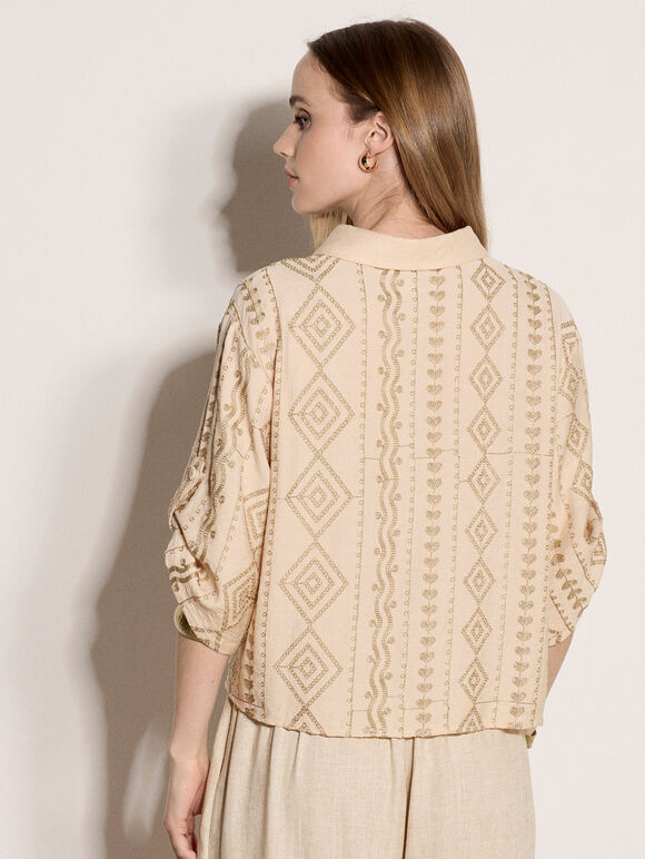 Geometric Shimmer Embroidered Shirt, Stone, large