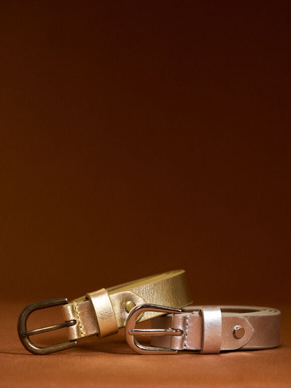 Thin Leather Gold Buckle Belt, Gold, large