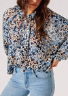 Floral Silhouette Chiffon Blouse, Navy, large