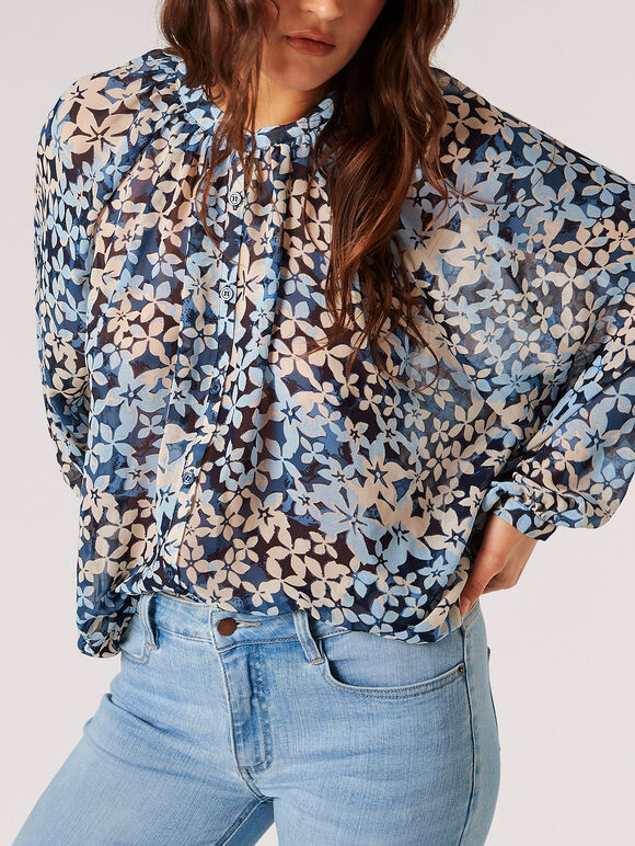 Floral Silhouette Chiffon Blouse, Navy, large