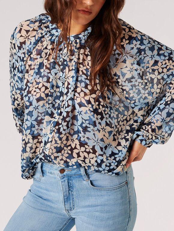 Floral Silhouette Chiffon Blouse, Navy, large