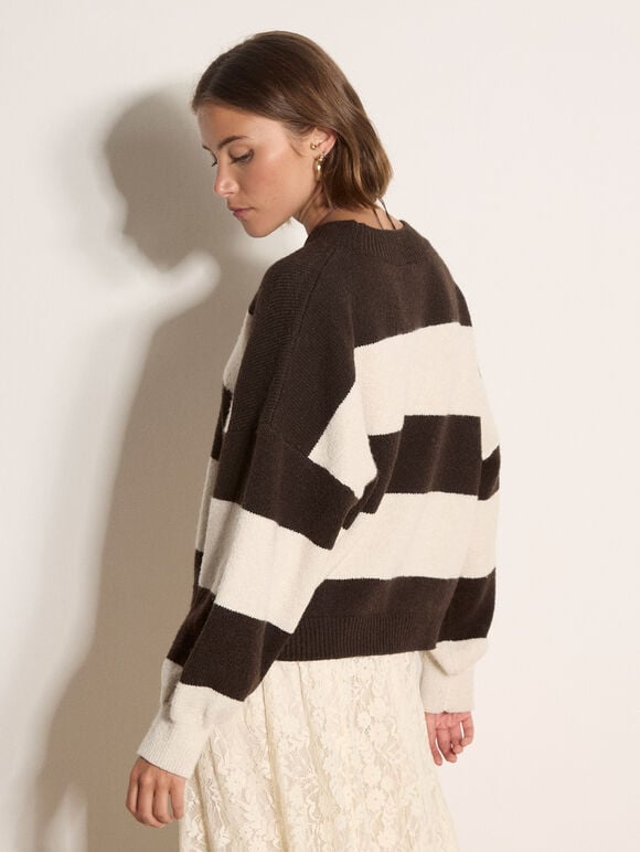 Chunky Knit Stripe Oversized Jumper, Brown, large
