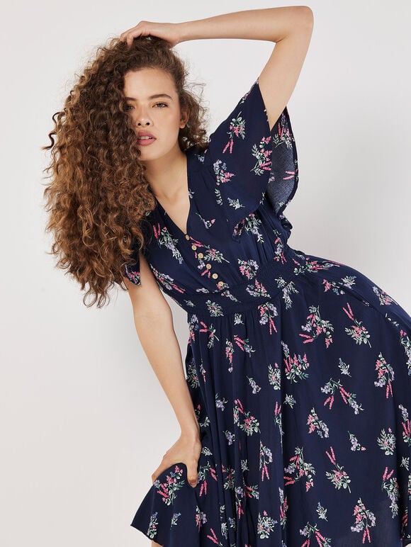 Botanical Floral Smocked Midi Dress, Navy, large
