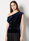 Draped One-Shoulder Asymmetric Velvet Top, Navy, large