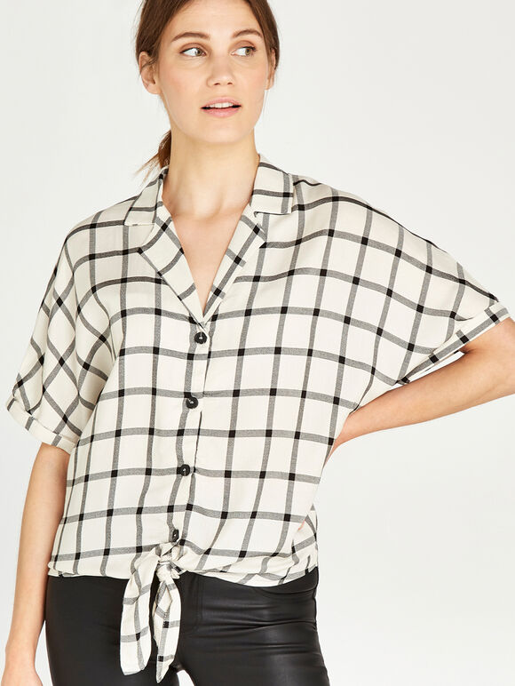 Grid Check Knot Front Button Top, Cream, large