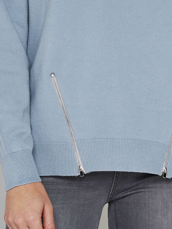Blue Zip Round Neck Jumper, Blue, large