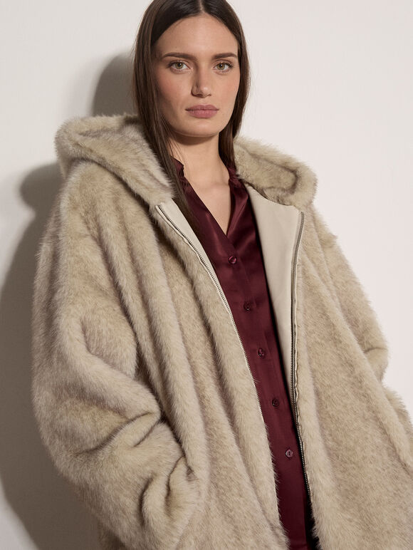 Soft Faux Fur Hooded Jacket, Grey, large