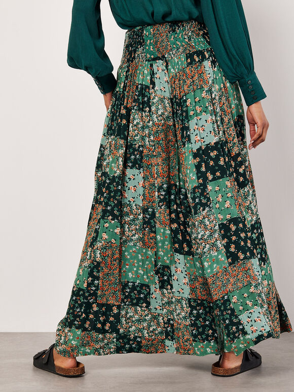 Floral Patchwork Crinkle Wide-Leg Trousers, Green, large