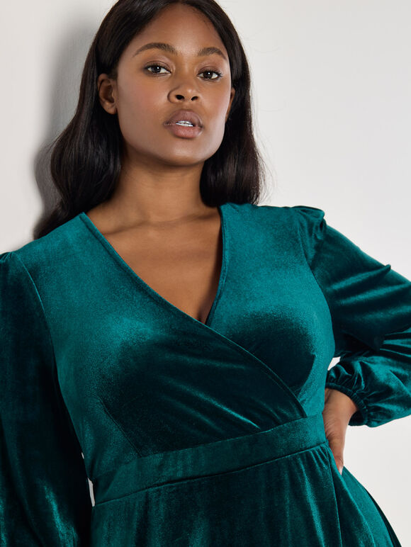 Curve Velvet Wrap Midi Dress, Green, large