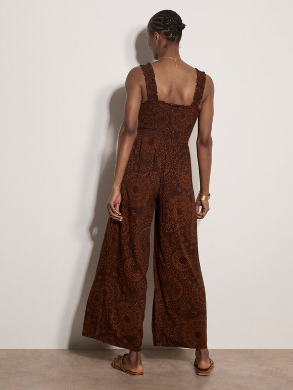 Kaleidoscope Shirred Wide-Leg Jumpsuit, Brown, large