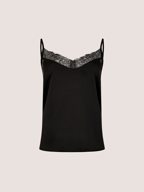 Satin Lace Camisole Top, Black, large