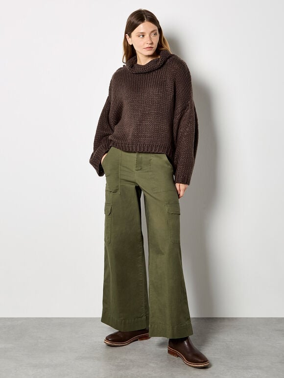 Chunky Knit Roll Neck Oversized Jumper, Brown, large