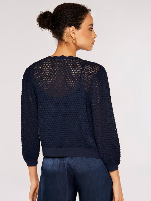 Knitted Scallop Crop Cardigan, Navy, large