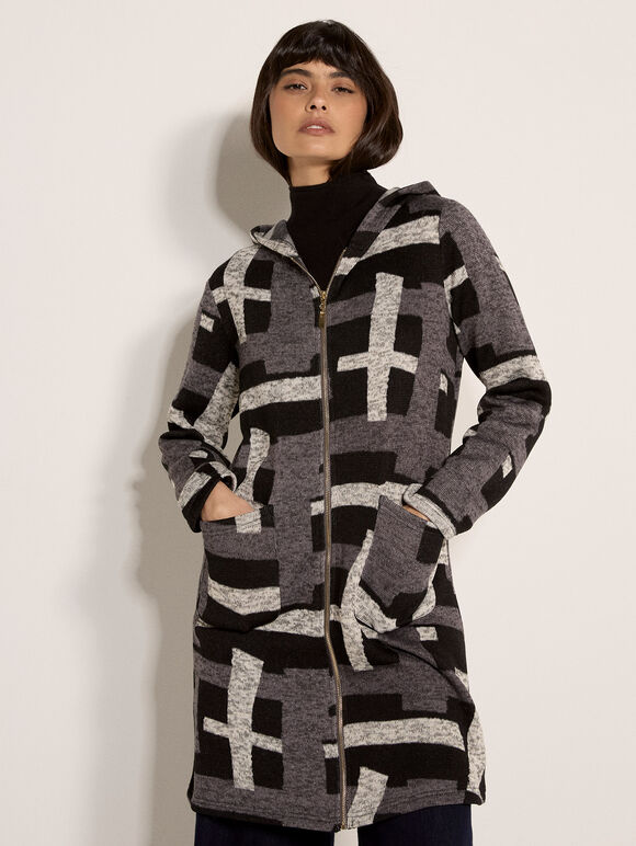 Geometric Knitted Zip-Down Cardigan, Dark Grey - Charcoal, large