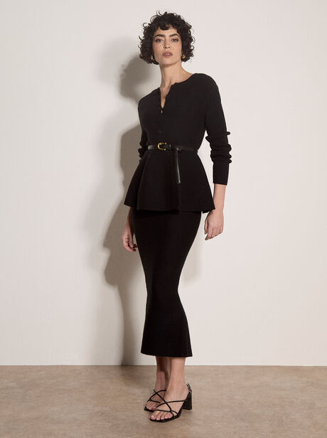 Ribbed Knit Midi Pencil Skirt