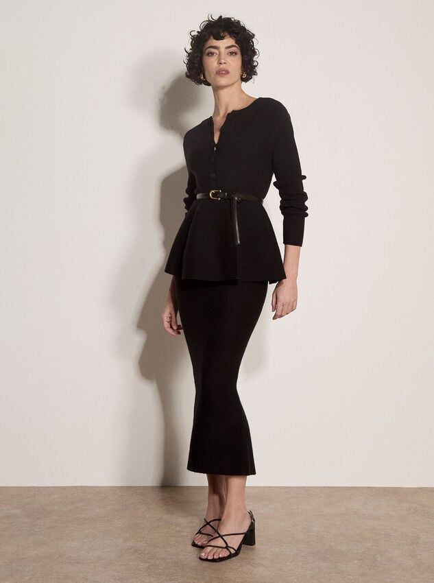 Ribbed Knit Midi Pencil Skirt, Black, large