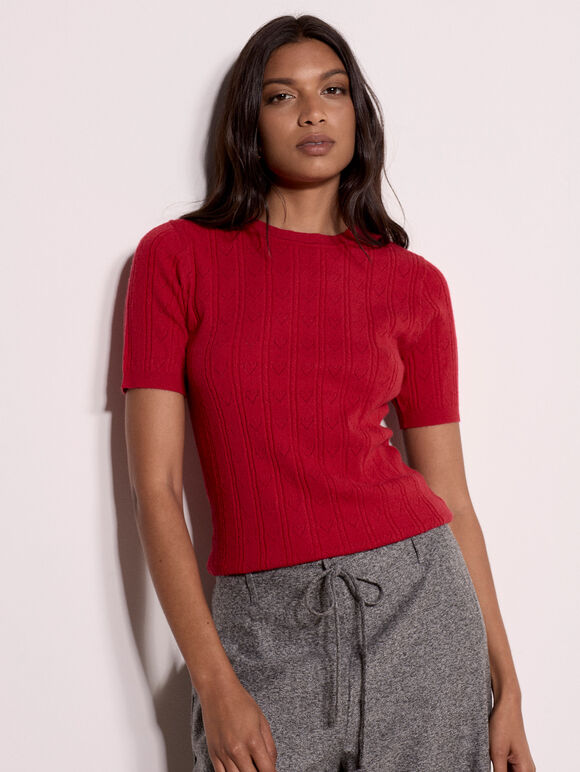Pointelle Hearts Knitted T-Shirt, Red, large