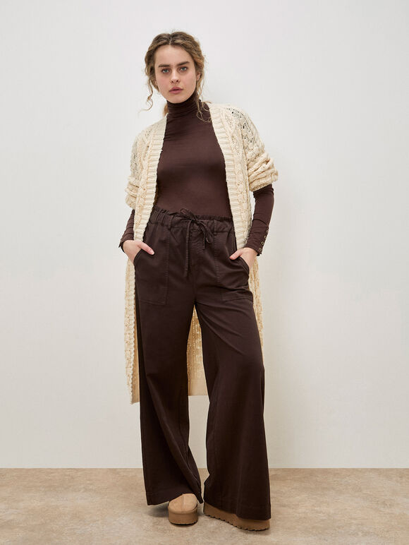 Paper Bag Waist Wide Leg Trousers, Brown, large