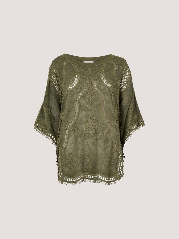 Cotton Blend Crochet Embroidered Top, Khaki, large