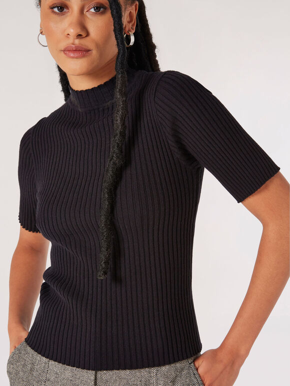 Ribbed Knit Top, Black, large