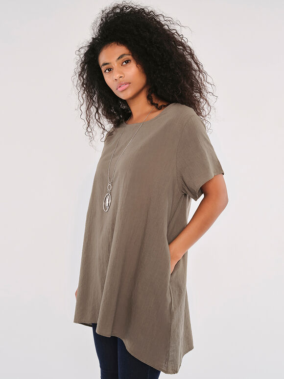 Slub Cotton High Low Tunic, Khaki, large