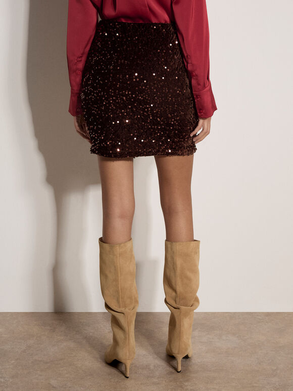 Velvet Sequin Bodycon Mini Skirt, Brown, large