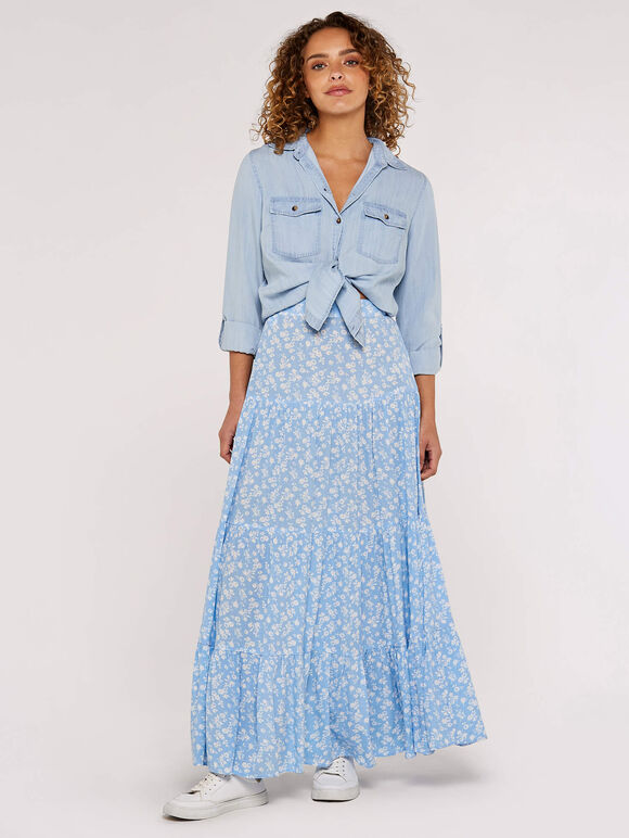 Floral Crepe Tiered Maxi, Blue, large