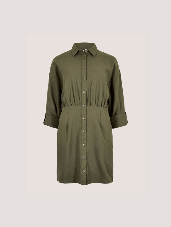Fitted Twill Shirt Mini Dress, Khaki, large