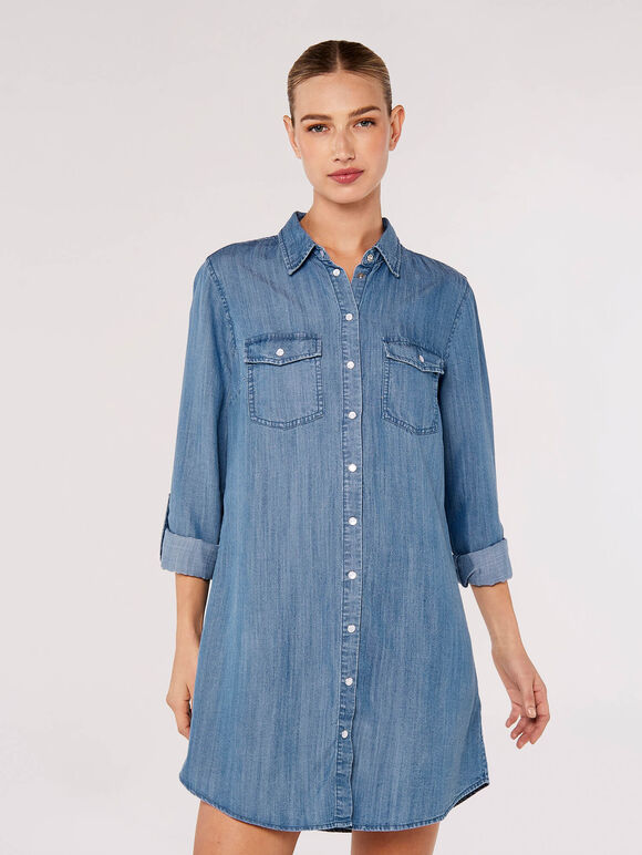 Denim Shirt Mini Dress, Blue, large