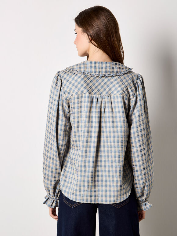 Chenille Check Ruffle Collar Shirt, Blue, large