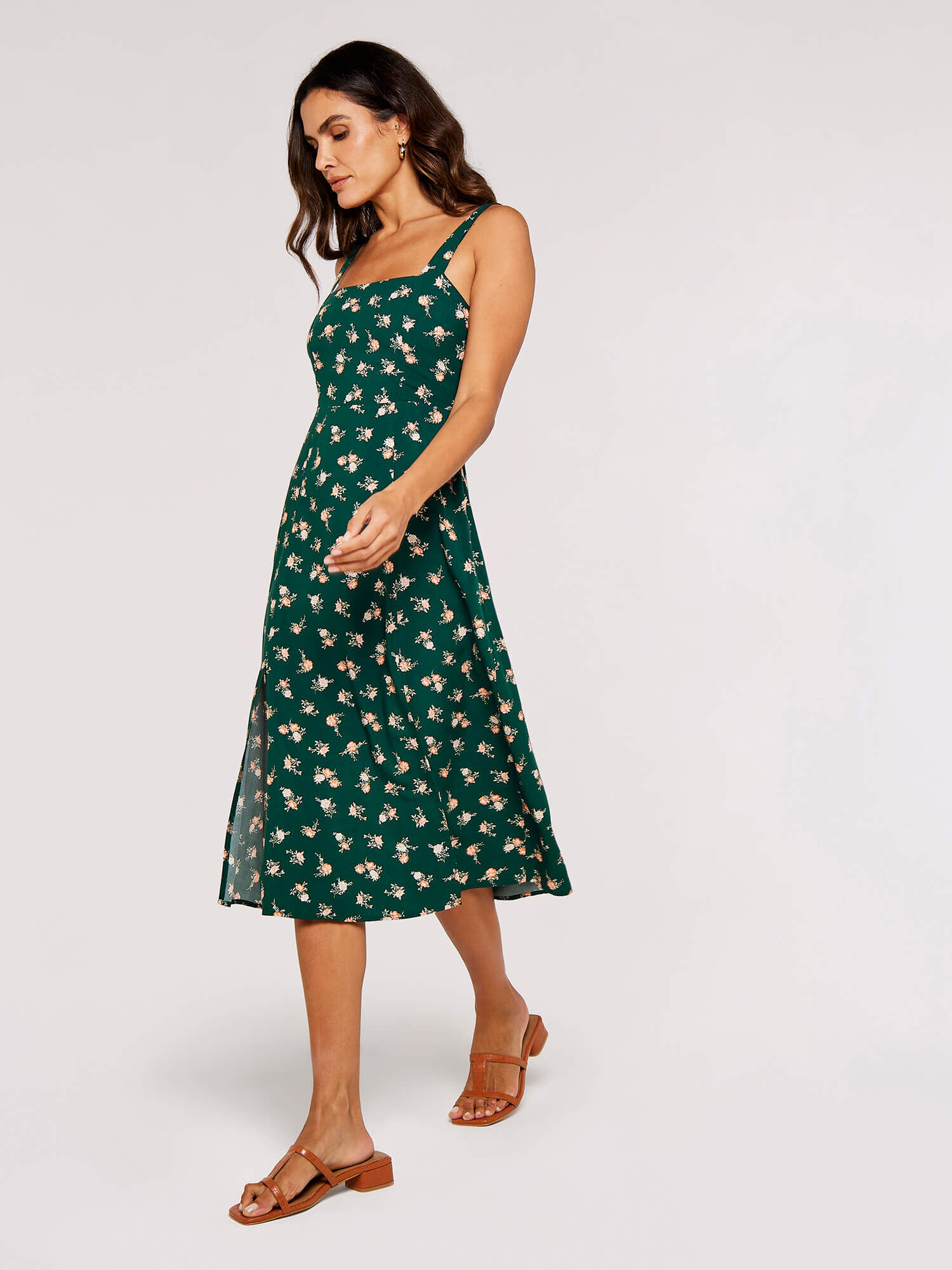 Floral Split Sun Midi Dress Apricot Clothing