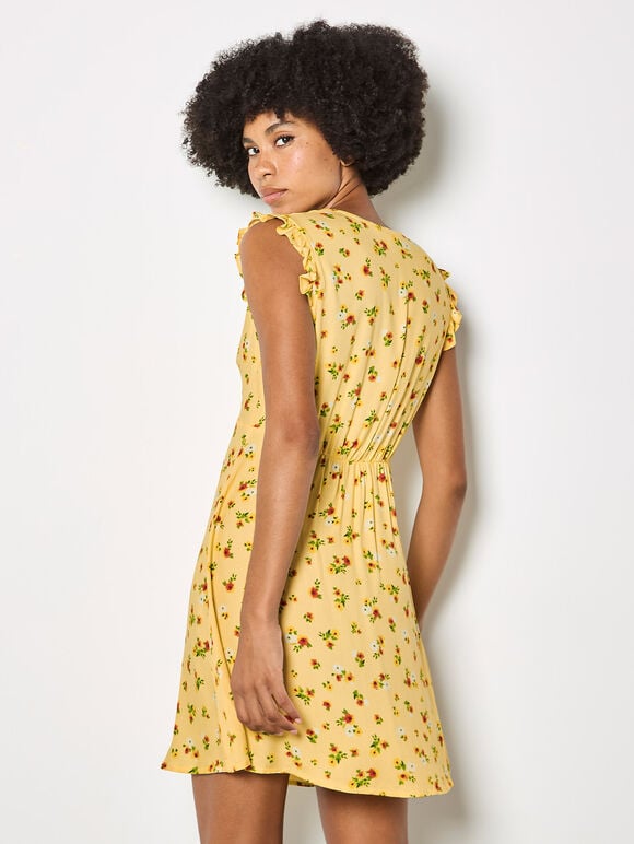 Vintage Floral Ruffle Mini Dress, Yellow, large