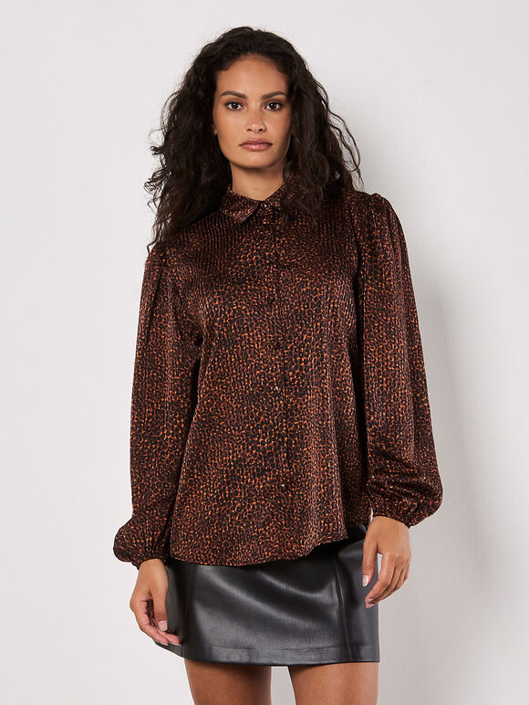 Animal Print Self Stripe Satin Shirt, Rust, large