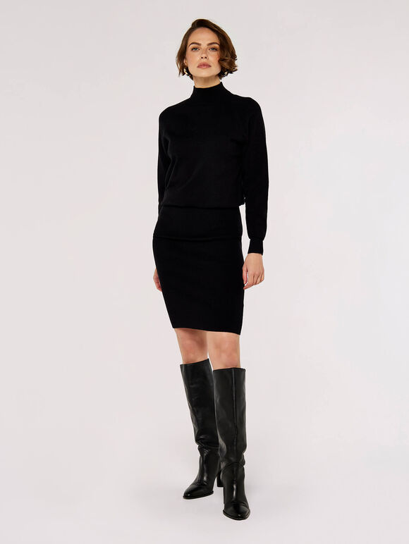Ribbed Skirt Mini Dress, Black, large