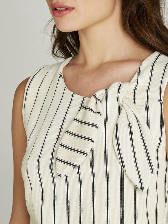 Vertical Stripe Bow Tie Neck Dress, Cream, large