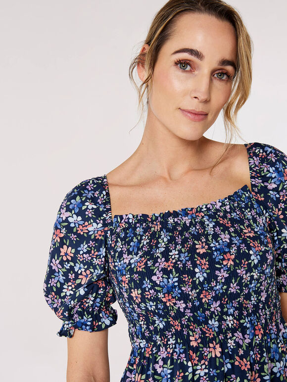 Smocked Ditsy Print Top, Navy, large