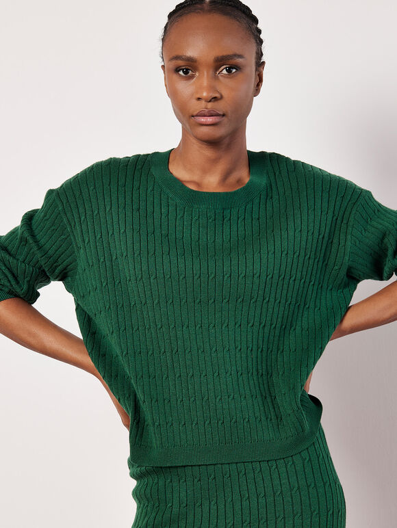Fine Knit Cable Jumper, Green, large