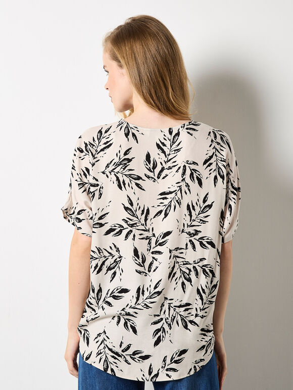 Leaf Print Woven T-Shirt, Stone, large