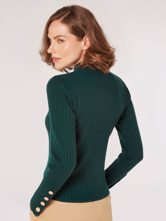 Gold Button Ribbed Jumper, Green, large