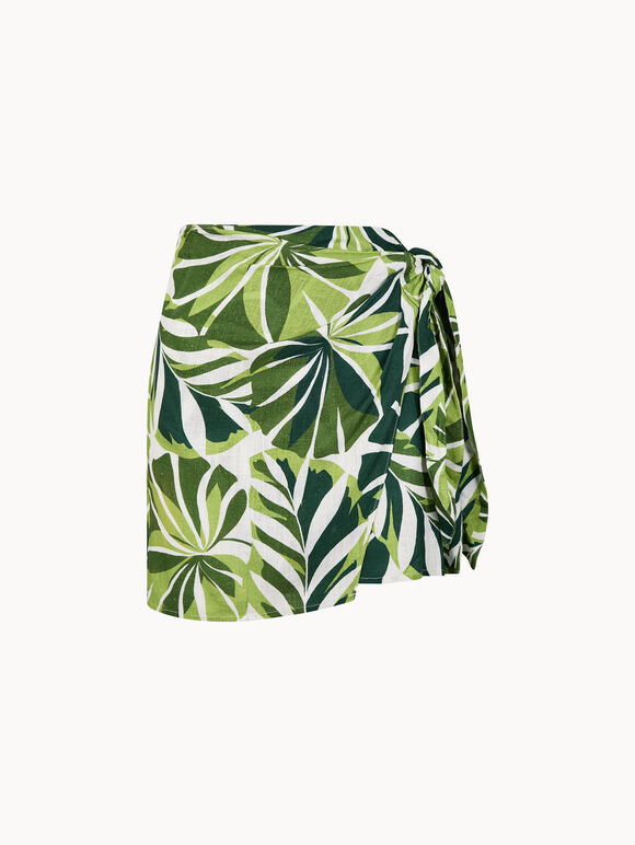 Tropical Leaf Print Wrap Mini Skirt, Green, large